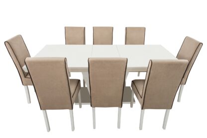Set masa extensibila V 160x200 cm, lemn masiv alb, blat din MDF cu 8 scaune tapitate T-26, stofa crem