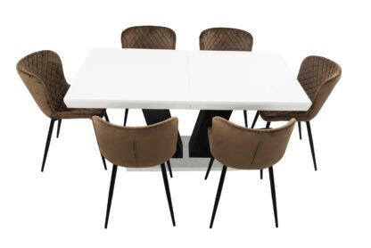 Set masa extensibila V 160x200 cm, lemn masiv alb/negru, blat din MDF cu 6 scaune dining S-153, tapiterie maro