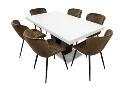 Set masa extensibila V 160x200 cm, lemn masiv alb/negru, blat din MDF cu 6 scaune dining S-153, tapiterie maro - imagine 2