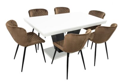 Set masa extensibila V 160x200 cm, lemn masiv alb/negru, blat din MDF cu 6 scaune dining S-153, tapiterie maro - imagine 3