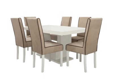 Set masa extensibila Ecuador 160x200 cm, lemn masiv alb, blat din MDF cu 8 scaune tapitate T-26, stofa crem - imagine 3