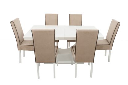 Set masa extensibila Ecuador 160x200 cm, lemn masiv alb, blat din MDF cu 6 scaune tapitate T-26, stofa crem - imagine 4