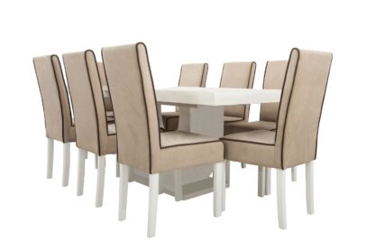Set masa extensibila Ecuador 160x200 cm, lemn masiv alb, blat din MDF cu 8 scaune tapitate T-26, stofa crem - imagine 5