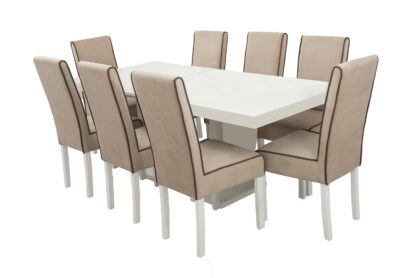Set masa extensibila Ecuador 160x200 cm, lemn masiv alb, blat din MDF cu 8 scaune tapitate T-26, stofa crem - imagine 4