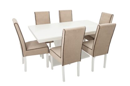 Set masa extensibila V 160x200 cm, lemn masiv alb, blat din MDF cu 6 scaune tapitate T-26, stofa crem - imagine 4
