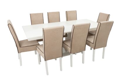 Set masa extensibila V 160x200 cm, lemn masiv alb, blat din MDF cu 8 scaune tapitate T-26, stofa crem - imagine 3