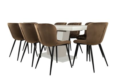 Set masa extensibila V 160x200 cm, lemn masiv alb, blat din MDF cu 8 scaune tapitate S-153, stofa maro - imagine 3