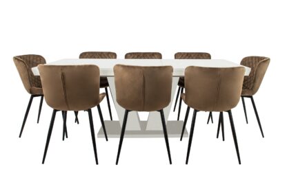 Set masa extensibila V 160x200 cm, lemn masiv alb, blat din MDF cu 8 scaune tapitate S-153, stofa maro - imagine 4