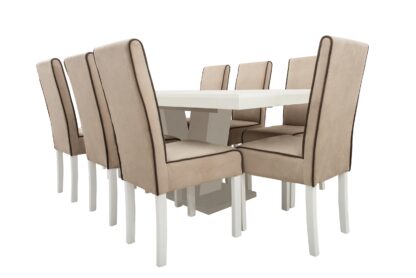 Set masa extensibila V 160x200 cm, lemn masiv alb, blat din MDF cu 8 scaune tapitate T-26, stofa crem - imagine 4