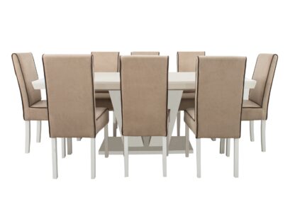 Set masa extensibila V 160x200 cm, lemn masiv alb, blat din MDF cu 8 scaune tapitate T-26, stofa crem - imagine 5