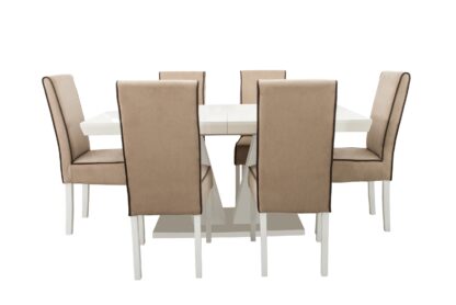 Set masa extensibila V 160x200 cm, lemn masiv alb, blat din MDF cu 6 scaune tapitate T-26, stofa crem - imagine 3