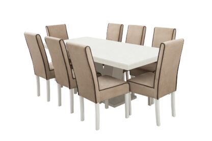 Set masa extensibila V 160x200 cm, lemn masiv alb, blat din MDF cu 8 scaune tapitate T-26, stofa crem - imagine 2