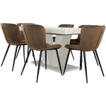 Set masa extensibila V 160x200 cm, lemn masiv alb, blat din MDF cu 6 scaune tapitate S-153, stofa maro - imagine 4