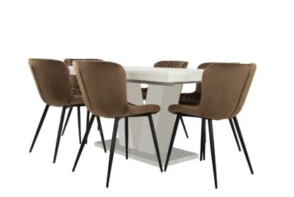 Set masa extensibila V 160x200 cm, lemn masiv alb, blat din MDF cu 6 scaune tapitate S-153, stofa maro - imagine 4