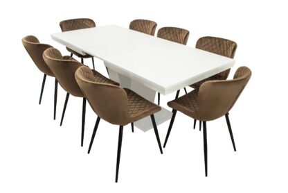 Set masa extensibila V 160x200 cm, lemn masiv alb, blat din MDF cu 8 scaune tapitate S-153, stofa maro - imagine 2