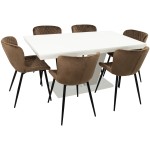 Set masa extensibila V 160x200 cm, lemn masiv alb, blat din MDF cu 6 scaune tapitate S-153, stofa maro - imagine 2