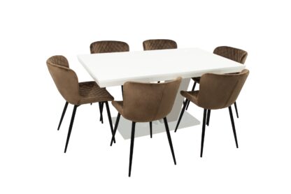 Set masa extensibila V 160x200 cm, lemn masiv alb, blat din MDF cu 6 scaune tapitate S-153, stofa maro - imagine 2