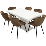 Set masa extensibila V 160x200 cm, lemn masiv alb, blat din MDF cu 6 scaune tapitate S-153, stofa maro - imagine 3