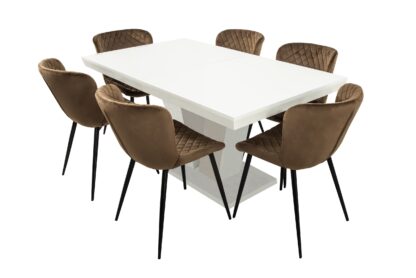 Set masa extensibila V 160x200 cm, lemn masiv alb, blat din MDF cu 6 scaune tapitate S-153, stofa maro - imagine 3