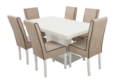 Set masa extensibila V 160x200 cm, lemn masiv alb, blat din MDF cu 6 scaune tapitate T-26, stofa crem - imagine 2
