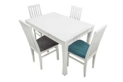 Set masa extensibila Vin Lux 120x160 cm, lemn masiv alb, blat din MDF cu 4 scaune tapitate ZIM Snezana Petra, stofa gri/albastru - imagine 5