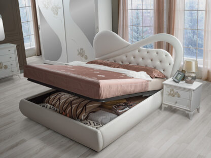 Dormitor Peonia, alb/bej, pat 160x200 cm, dulap cu 2 usi culisante, 2 noptiere, comoda - imagine 3