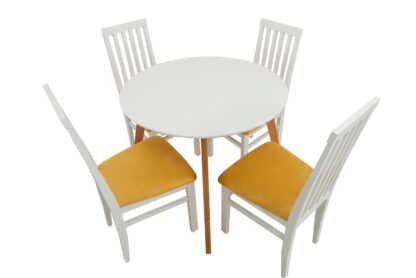 Set masa fixa Max S 90 cm, lemn masiv alb, blat din MDF cu 4 scaune tapitate ZIM Snezana, stofa petra galben - imagine 3