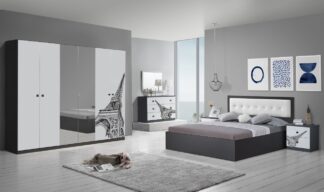 Dormitor Eiffel, alb/negru, pat 160x200, comoda, dulap, noptiere