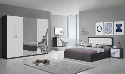 Dormitor Eiffel, alb/negru, pat 160x200, comoda, dulap, noptiere