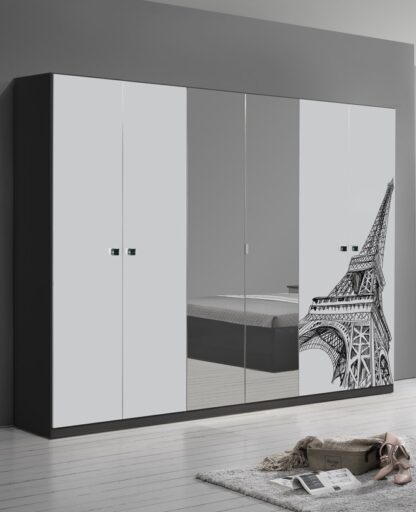 Dormitor Eiffel, alb/negru, pat 160x200, comoda, dulap, noptiere - imagine 2