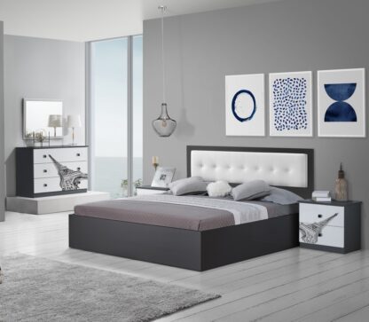 Dormitor Eiffel, alb/negru, pat 160x200, comoda, dulap, noptiere - imagine 3