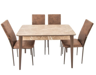 Set masa T110, MDF, crem, 110x70x75cm cu 4 scaune C669, maro inchis, 44x45x95 cm