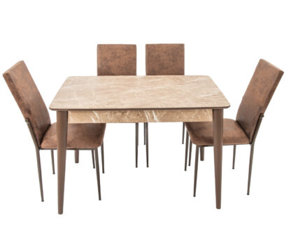 Set masa T110, MDF, crem, 110x70x75cm cu 4 scaune C669, maro inchis, 44x45x95 cm
