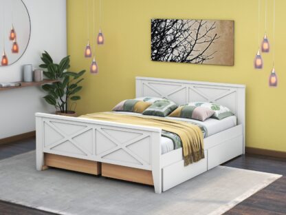 Pat Agata, 160x200 cm, Alb, cu 4 sertare, MDF, lemn masiv Fag