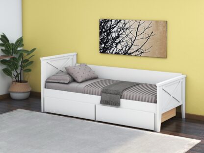 Pat Agata, 90x200 cm, cu sertare si tablie, MDF, lemn masiv Fag, Alb