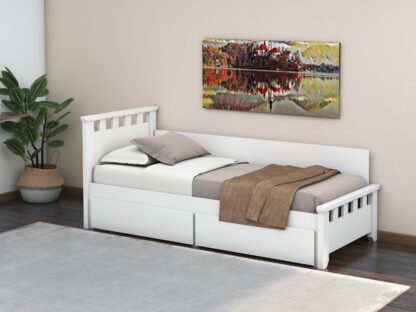 Pat Alora, 90x200 cm, cu sertare si tablie, MDF, lemn masiv Fag, Alb