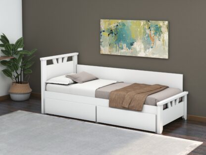Pat Lenka, 90x200 cm, cu sertare si tablie, MDF, lemn masiv Fag, Alb