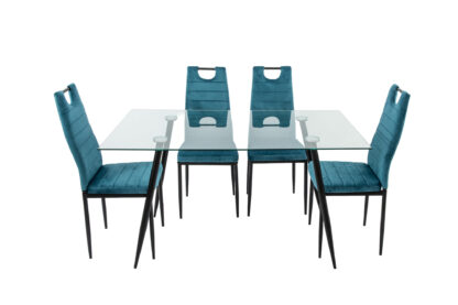 Set masa MB-84, sticla securizata, 140x76x80 cm, cu 4 scaune S-175 Albastru, 58x98x48 cm