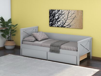 Pat Agata, 90x200 cm, cu sertare si tablie, MDF, lemn masiv Fag, Gri