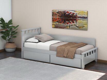 Pat Alora, 90x200 cm, cu sertare si tablie, MDF, lemn masiv Fag, Gri