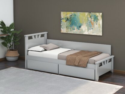 Pat Lenka, 90x200 cm, cu sertare si tablie, MDF, lemn masiv Fag, Gri