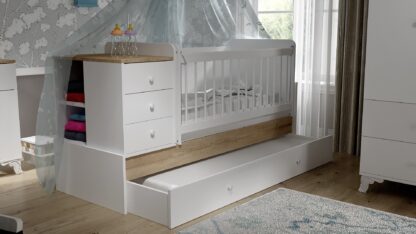 Patut bebe, Lisa, Alb Sonoma, cu spatiu depozitare,186x106x78 cm, MDF - imagine 7