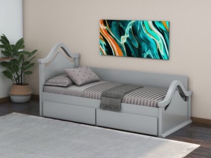 Pat Sofia, 90x200 cm, cu tablie si sertare, MDF, lemn masiv Fag, Gri