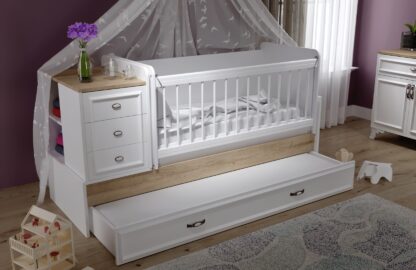 Patut bebe, Lisa, Alb Sonoma, cu spatiu depozitare,186x106x78 cm, MDF - imagine 4