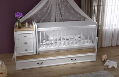 Patut bebe, Lisa, Alb Sonoma, cu spatiu depozitare,186x106x78 cm, MDF