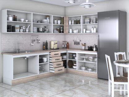 Bucatarie de colt Alfa, cu vitrina, sonoma, blat termic travertin - imagine 2