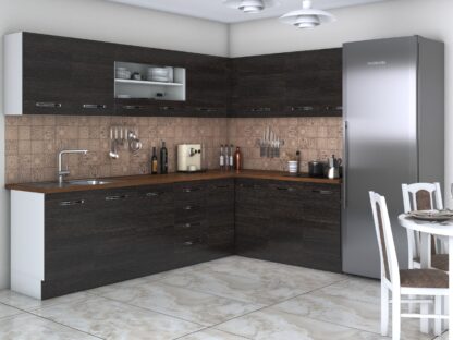 Bucatarie de colt Alfa, cu vitrina, wenge, blat termic nuc