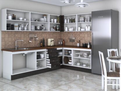 Bucatarie de colt Alfa, cu vitrina, wenge, blat termic nuc - imagine 2