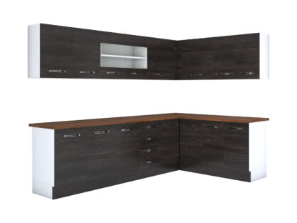 Bucatarie de colt Alfa, cu vitrina, wenge, blat termic nuc - imagine 3