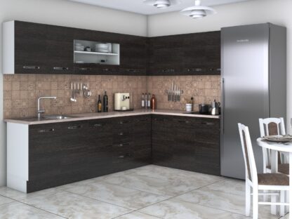 Bucatarie de colt Alfa, cu vitrina, wenge, blat termic travertin